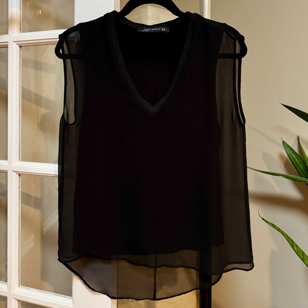 Zara Black Sheer Double Layer V-Neck Sleeveless Blouse